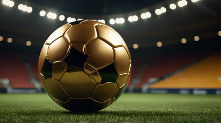 golden soccer ball in a large soccer stadium. Gold ball soccer award.generative.ai