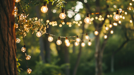 Bokeh lights art, Rustic style save the date.Elegant outdoor party template garland . Generative Ai - obrazy, fototapety, plakaty