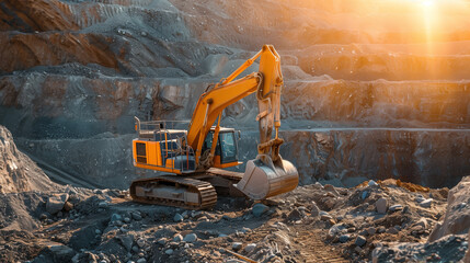 A large orange and yellow excavator is in a rocky area. The sun is shining on the machine, making it look even more impressive