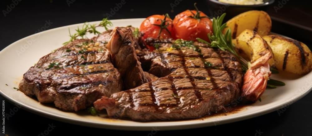 Canvas Prints plate featuring a close-up view of a delicious cooked steak served with seasoned potatoes and a side