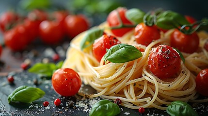 Delicate strands of angel hair pasta intertwine with plump cherry tomatoes and fresh basil leaves, creating a mouthwatering tableau of Italian cuisine.  - obrazy, fototapety, plakaty