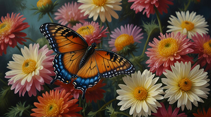 blue tropical butterflies on chrysanthemum flowers painted with oil paints.generative.ai