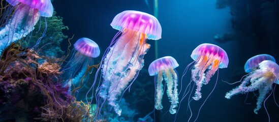 Mesmerizing jellyfishs gracefully glide through the water inside a tank accented by a serene blue backdrop - obrazy, fototapety, plakaty