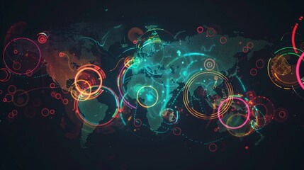A detailed world map with vibrant, colorful circles overlaid, indicating various locations or points of interest around the globe.