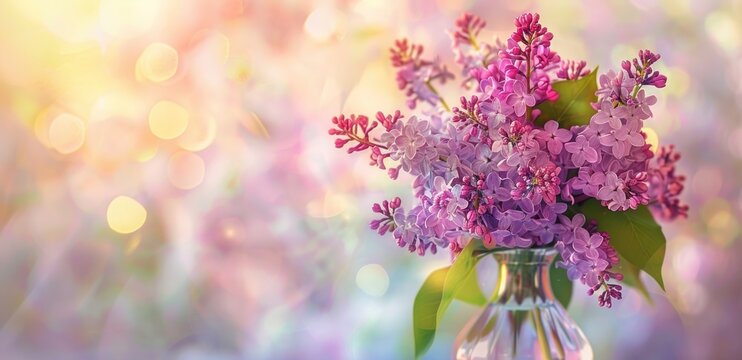 Vibrant bouquet of purple lilacs in a glass vase with a blurred background in pastel colors. Isolated on a pastel pink background, ideal for spring and summer decor.