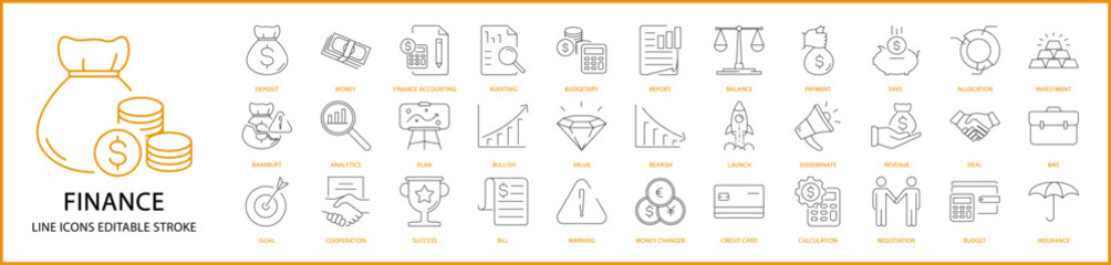 Finance Icons. Finance Icon Set. Finance Line Icons. Vector Illustration. Editable Stroke.