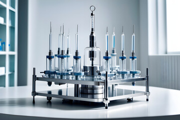 syringe  There are many  medical  test tube  neatly arranged  on  the   white table,   laboratory environment