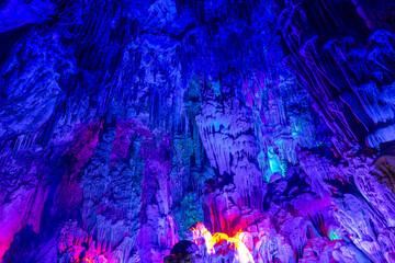 beautiful illuminated multicolored stalactites from karst Reed Flute cave