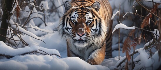 Fototapeta na wymiar The majestic tiger is gracefully pacing through the serene winter forest, leaving paw prints in the snow