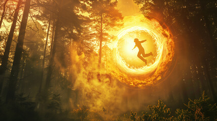 Silhouette of a Person Jumping Through Fiery Portal