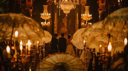 The dimlylit podium glistens with antiqued gold accents as if plucked straight from a lavish Victorian parlor. On either side ornate . . - obrazy, fototapety, plakaty
