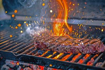 Charcoal Grilled Majesty: Angus Ribeye Steak with Sparks and Smoke Billowing
