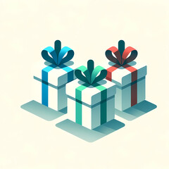 青と緑と赤のリボンのついたプレゼントの箱のイラスト。シンプルな背景にプレゼントが三つ置かれている