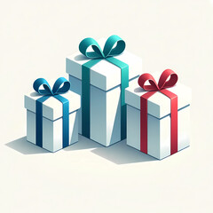 青と緑と赤のリボンのついたプレゼントの箱のイラスト。シンプルな背景にプレゼントが三つ置かれている