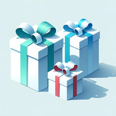 カラフルなリボンのついたプレゼントの箱のイラスト。シンプルな背景にプレゼントが三つ置かれている