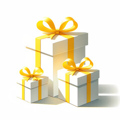 黄色いリボンのついたプレゼントの箱のイラスト。シンプルな背景にプレゼントが3個置かれている