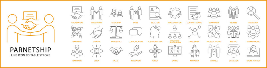 Partnership icons. Partnership icon set. Partnership line icons. Vector illustration. Editable stroke.