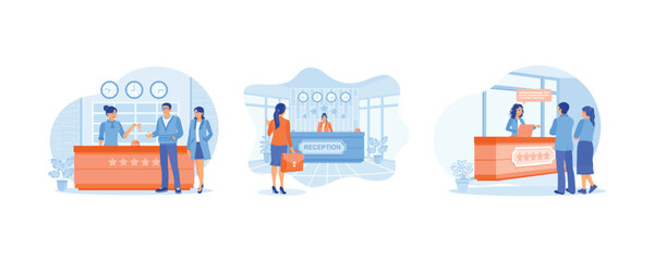 The tourist is talking to the receptionist. The receptionist serves guests in a friendly manner. Friendly hotel service. Hotel Receptionist concept. Set flat vector illustration.