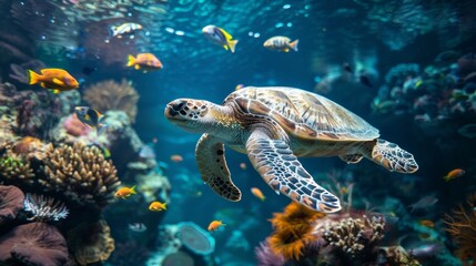 Fototapeta na wymiar A majestic sea turtle gracefully glides through the tranquil waters surrounded by a rainbow of colorful corals and curious schools . .