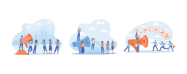 Man holding a large microphone. Marketing promotions. Attract customers with promotions on social media. Promotion concept. Set flat vector illustration.