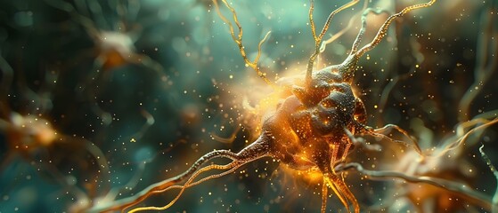 Closeup of human nervous system with pulsing nerve cells interconnected in the brain Neurobiology studies neuron activity. Concept Neurobiology, Brain, Nerve cells, Neuron activity - obrazy, fototapety, plakaty