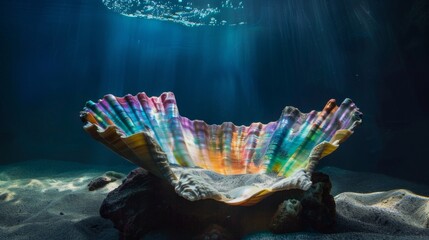 A sunken shipwreck provides the backdrop for this unique podium which rests within a stunning rainbowhued seashell evoking the beauty . .
