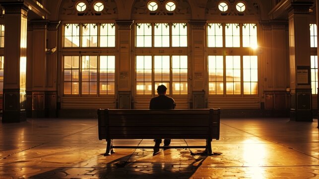 A lone figure sits on a bench back to the camera as they take in the sights and sounds of the timeless train station lost in . .