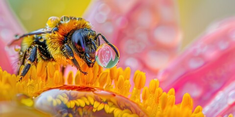 Busy honeybee collecting nectar from a flower with reflection in water droplet, blurred background in warm sunlight