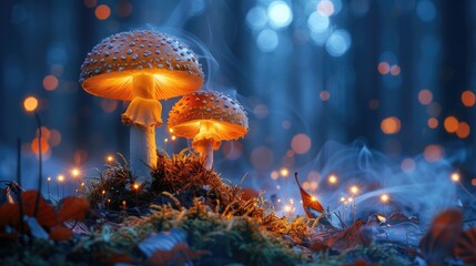 Glowing mushrooms emerge from a mystical forest floor, surrounded by mist and an enchanting blue atmosphere. - obrazy, fototapety, plakaty