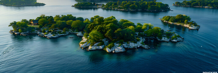 An aerial view of an island in the middle of a body of water ,
Tropical island 3d rendering top view - obrazy, fototapety, plakaty