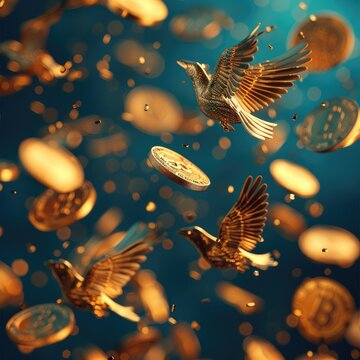 Digital rendering of golden bird-shaped coins flying among golden bitcoins, symbolizing financial freedom and prosperity in the cryptocurrency market.
