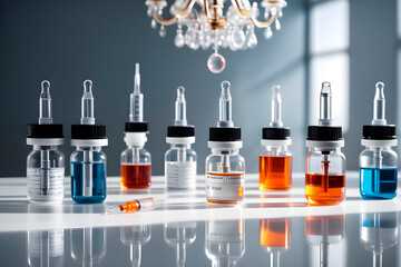 There are many  medical  test tube neatly arranged  on  the   white table,   chandelier  laboratory...