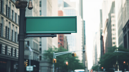 Blank green street sign in the city ready for custom text - obrazy, fototapety, plakaty