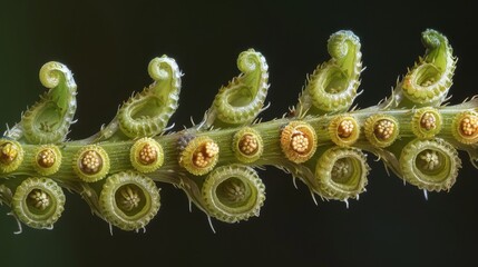 A crosssectional view of a fern stem with coneshaped structures bursting with spores visible throughout. - obrazy, fototapety, plakaty