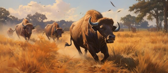 Numerous buffalo charging through a vast field of lush tall grass in a dynamic and powerful display of raw energy
