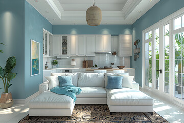 Stylish contemporary design of modern apartment living room in light blue colors 