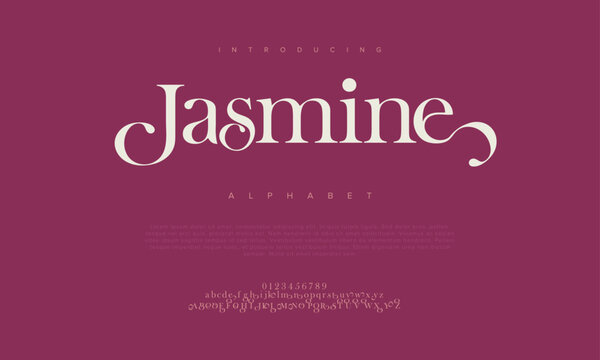 Jasmine elegant Font Uppercase Lowercase and Number. Classic Lettering Minimal Fashion Designs. Typography modern serif fonts regular decorative vintage concept. vector illustration
