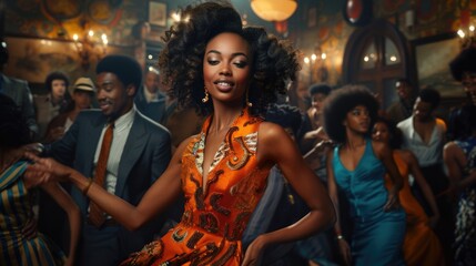 Nostalgic portraits black individuals 1960s early 1970s, soulful essence of young women in vibrant dresses, men grooving to jazz melodies, celebrating cultural vibrancy, resilience transformative era. - obrazy, fototapety, plakaty