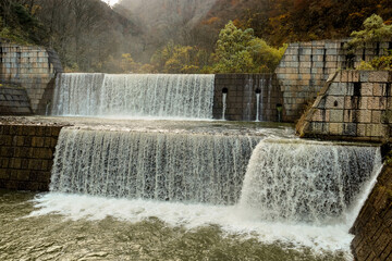 Man made double tier waterfall in Japan