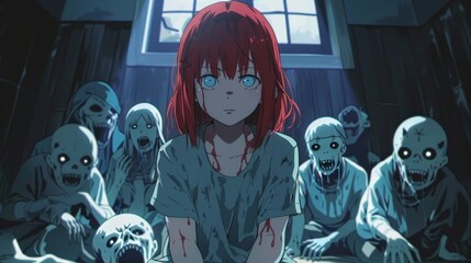 red-haired blue-eyed girl sits indoors, around her there are ghostly entities that are trying to touch her in anime style