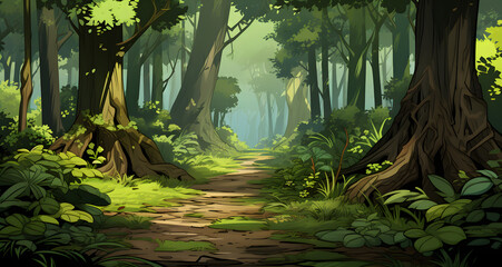 an illustration of a forest scene with pathway trees and bushes