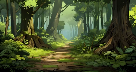 Deurstickers Bosweg an illustration of a forest scene with pathway trees and bushes