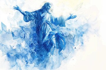 Blue watercolor of Jesus Christ ascending to heaven with glowing light