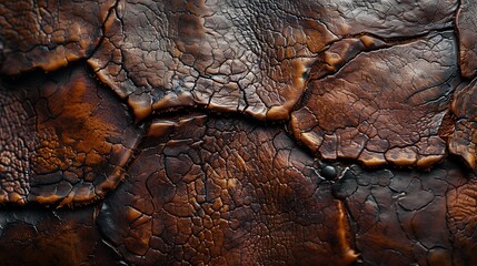 Explore the rich texture of a weathered leather, its worn surface bearing the marks of time with dignity. The rugged beauty of its grain invites closer inspection. - obrazy, fototapety, plakaty