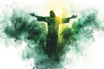 Green watercolor of Jesus Christ ascending to heaven with glowing light - obrazy, fototapety, plakaty