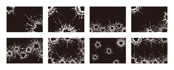 Broken glass cracked bullet hole, on black background vector illustration set - obrazy, fototapety, plakaty