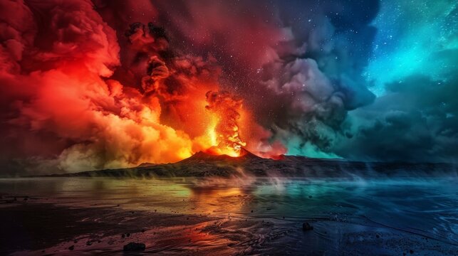 A surreal scene as the vibrant colors of the volcanic eruption are contrasted against the dark night sky.