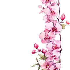 Fototapeta premium Orchid vertical border. Watercolor botanical banner for the design of invitations, cards, congratulations, announcements, sales, stationery, sharp outline