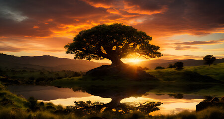 a lone tree and some water at sunset