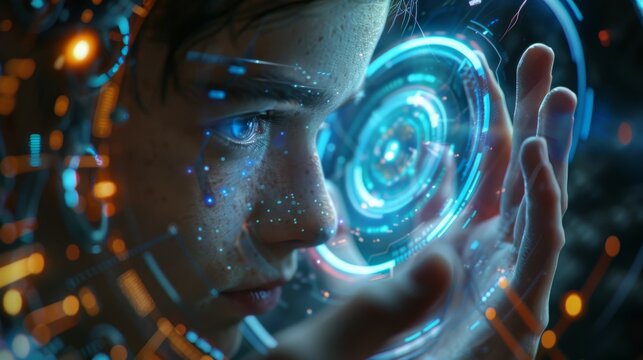 Capture the essence of omniscience in technology through a captivating and innovative design Present ThroughtheObject in a visually compelling way that prompts viewers to contemplate the ethical 